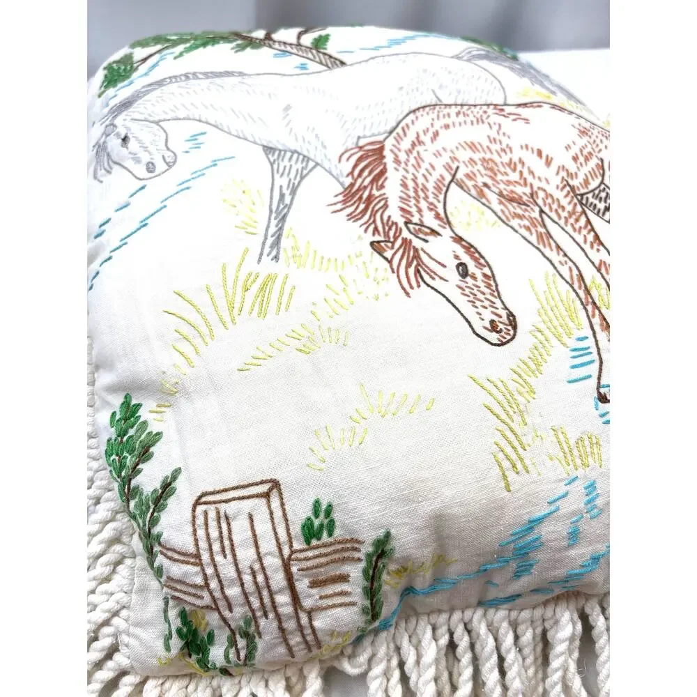 Hand-crafted Rustic Equestrian Fringed Throw Pillow Horse Design Vintage 1980s